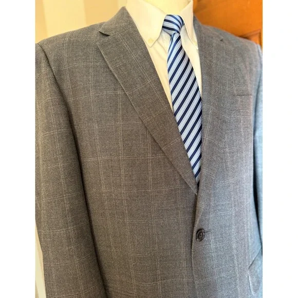 Jos. A. Bank Silk Wool Sport Coat Men 42L Blue Windowpane 2-Button Blazer Jacket